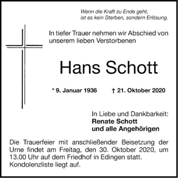 Traueranzeige von Hans Schott von Mannheimer Morgen