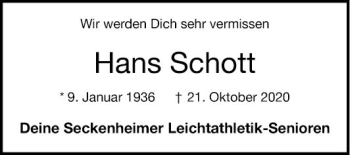 Traueranzeige von Hans Schott von Mannheimer Morgen