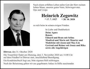 Traueranzeige von Heinrich Zegowitz von Fränkische Nachrichten