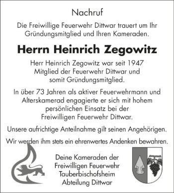 Traueranzeige von Heinrich Zegowitz von Fränkische Nachrichten