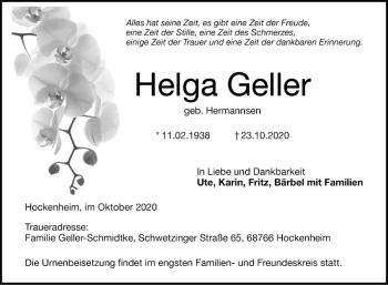 Traueranzeige von Helga Geller von Schwetzinger Zeitung