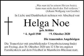 Traueranzeige von Helga Noe von Mannheimer Morgen