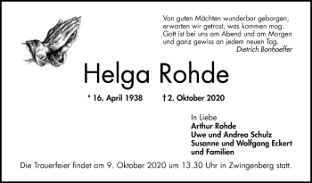 Traueranzeige von Helga Rohde von Bergsträßer Anzeiger