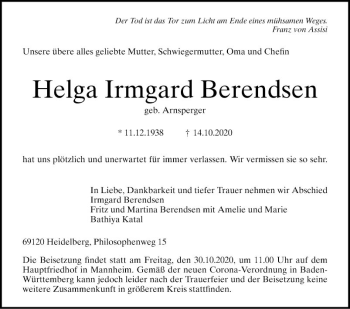 Traueranzeige von Helga Irmgard Berendsen von Mannheimer Morgen