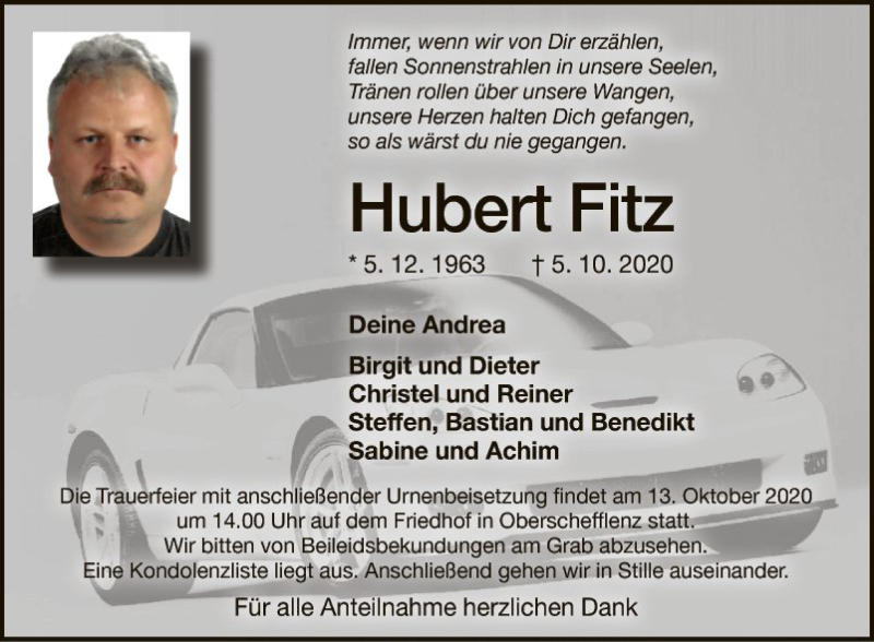  Traueranzeige für Hubert Fitz vom 10.10.2020 aus Fränkische Nachrichten