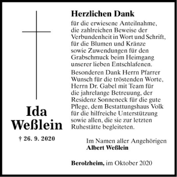 Traueranzeige von Ida Weßlein von Fränkische Nachrichten