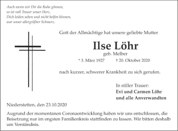 Traueranzeige von Ilse Löhr von Fränkische Nachrichten