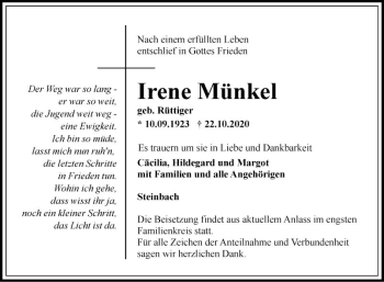 Traueranzeige von Irene Münkel von Fränkische Nachrichten