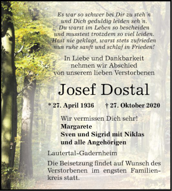 Traueranzeige von Josef Dostal von Bergsträßer Anzeiger