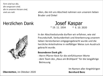 Traueranzeige von Josef Kaspar von Fränkische Nachrichten