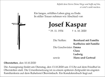 Traueranzeige von Josef Kaspar von Fränkische Nachrichten