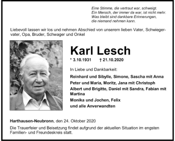 Traueranzeige von Karl Lesch von Fränkische Nachrichten