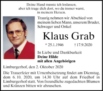 Traueranzeige von Klaus Grab von Mannheimer Morgen