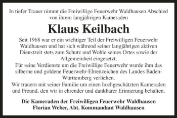 Traueranzeige von Klaus Keilbach von Fränkische Nachrichten