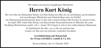 Traueranzeige von Kurt König von Fränkische Nachrichten