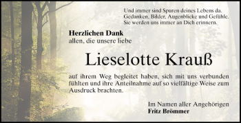 Traueranzeige von Lieselotte Krauß von Schwetzinger Zeitung