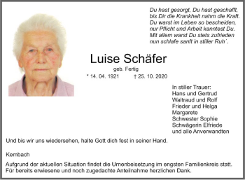 Traueranzeige von Luise Schäfer von Fränkische Nachrichten