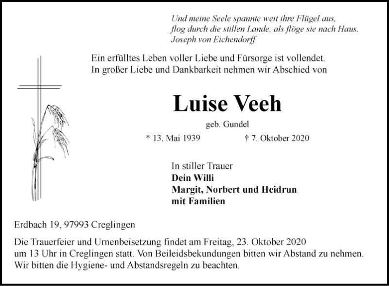  Traueranzeige für Luise Veeh vom 21.10.2020 aus Fränkische Nachrichten