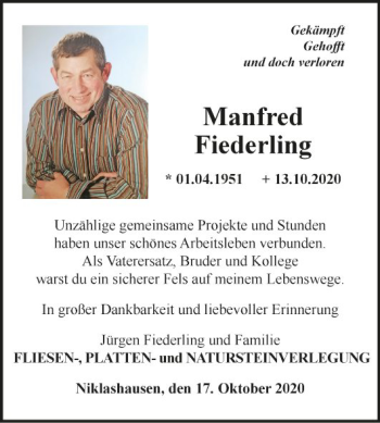 Traueranzeige von Manfred Fiederling von Fränkische Nachrichten