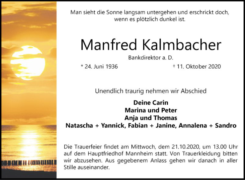  Traueranzeige für Manfred Kalmbacher vom 17.10.2020 aus Mannheimer Morgen