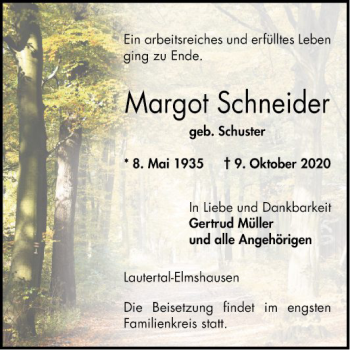 Traueranzeige von Margot Schneider von Bergsträßer Anzeiger