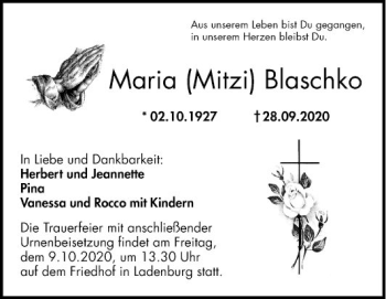 Traueranzeige von Maria Blaschko von Mannheimer Morgen