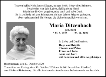 Traueranzeige von Maria Ditzenbach von Fränkische Nachrichten