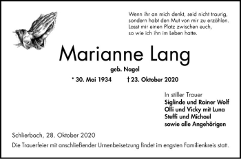 Traueranzeige von Marianne Lang von Bergsträßer Anzeiger