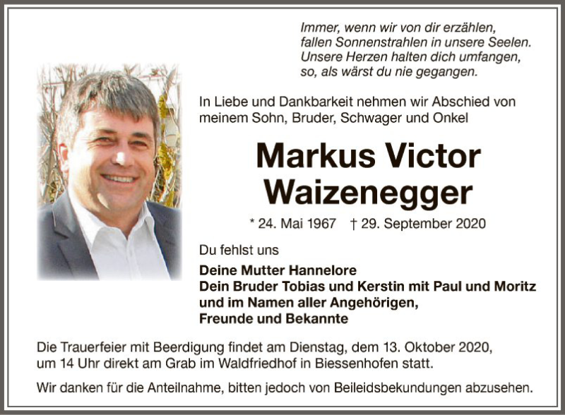  Traueranzeige für Markus Victor Waizenegger vom 10.10.2020 aus Mannheimer Morgen