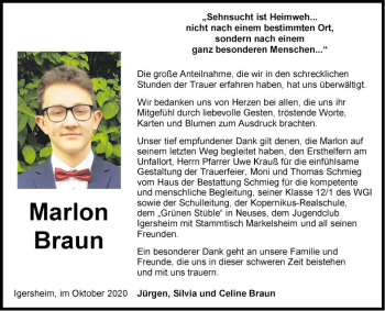 Traueranzeige von Marlon Braun von Fränkische Nachrichten