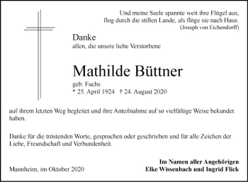 Traueranzeige von Mathilde Büttner von Mannheimer Morgen