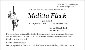 Traueranzeige von Melitta Fleck von Mannheimer Morgen