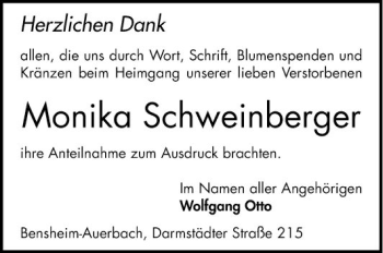 Traueranzeige von Monika Schweinberger von Bergsträßer Anzeiger