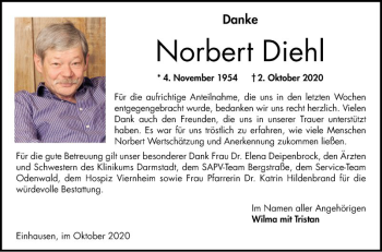 Traueranzeige von Norbert Diehl von Bergsträßer Anzeiger