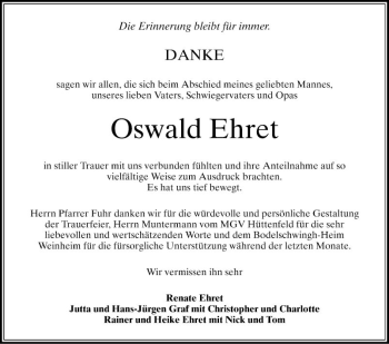 Traueranzeige von Oswald Ehret von Mannheimer Morgen