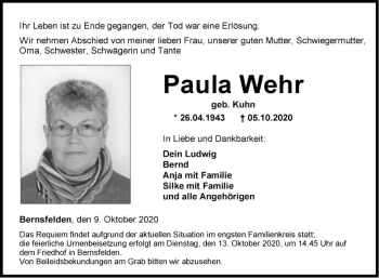 Traueranzeige von Paula Wehr von Fränkische Nachrichten