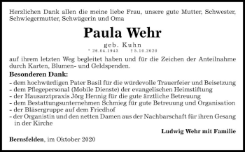 Traueranzeige von Paula Wehr von Fränkische Nachrichten