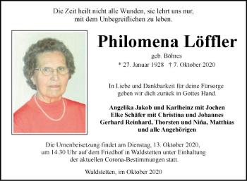 Traueranzeige von Philomena Löffler von Fränkische Nachrichten