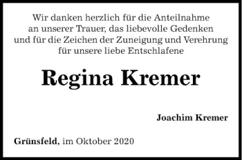 Traueranzeige von Regina Kremer von Fränkische Nachrichten