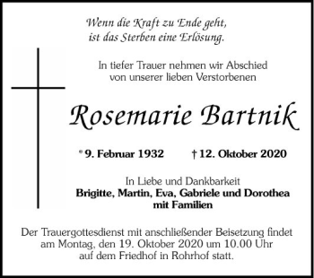 Traueranzeige von Rosemarie Bartnik von Schwetzinger Zeitung