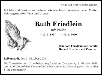 Traueranzeige von Ruth Friedlein von Fränkische Nachrichten