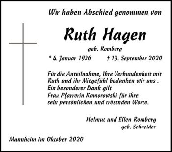 Traueranzeige von Ruth Hagen von Mannheimer Morgen