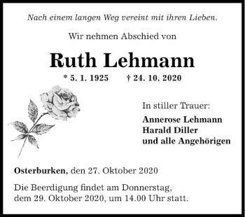 Traueranzeige von Ruth Lehmann von Fränkische Nachrichten