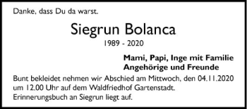 Traueranzeige von Siegrun Bolanca von Mannheimer Morgen