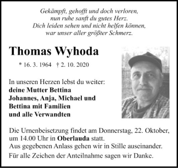 Traueranzeige von Thomas Wyhoda von Fränkische Nachrichten