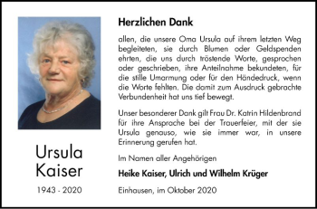 Traueranzeige von Ursula Kaiser von Bergsträßer Anzeiger