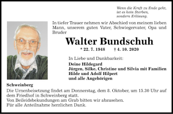 Traueranzeige von Walter Bundschuh von Fränkische Nachrichten