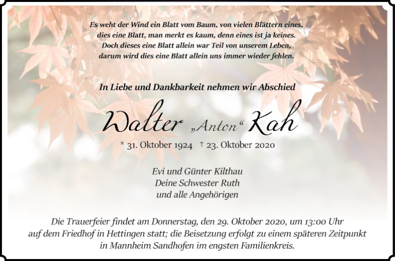  Traueranzeige für Walter Kah vom 28.10.2020 aus Mannheimer Morgen