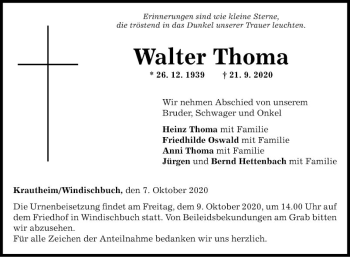 Traueranzeige von Walter Thoma von Fränkische Nachrichten