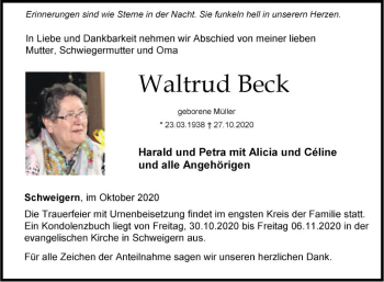 Traueranzeige von Waltrud Beck von Fränkische Nachrichten